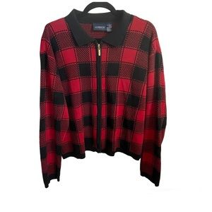 Liz Claiborne Liz Sports Red & Black Plaid Zippered Cardigan Swea…
